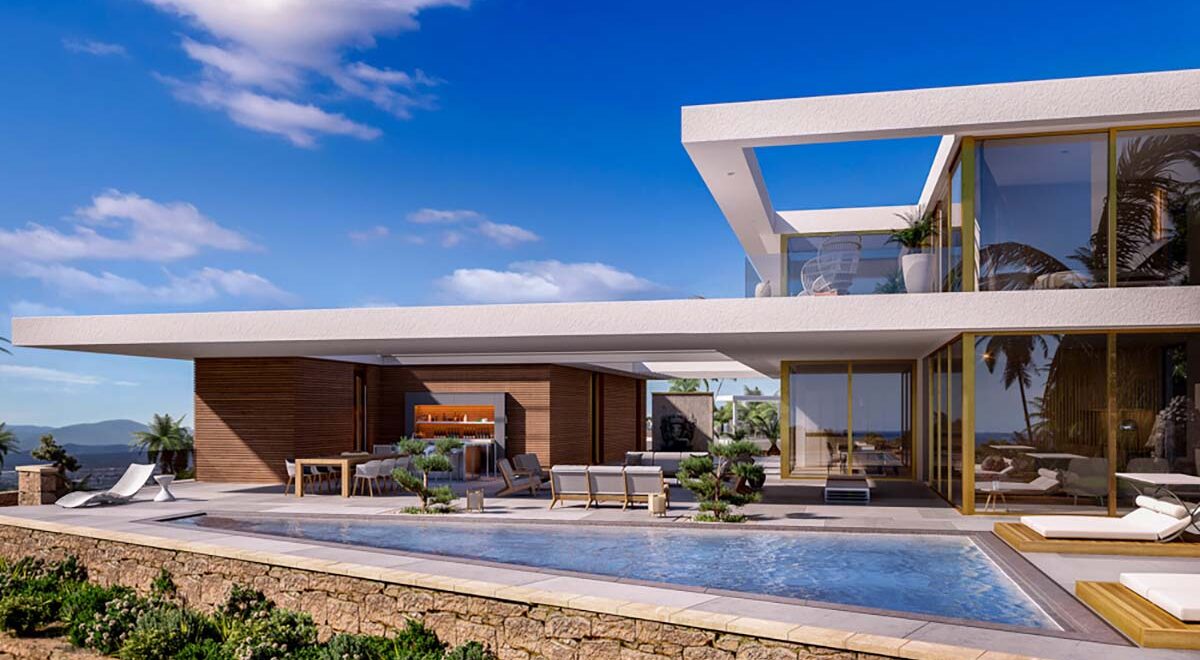 Luxurious ZEN IBIZA villa with modern architecture, infinity pool, and panoramic sea views awaiting development in Jesus, Ibiza