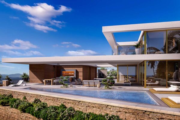 Luxurious ZEN IBIZA villa with modern architecture, infinity pool, and panoramic sea views awaiting development in Jesus, Ibiza