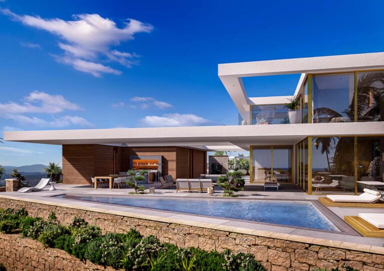 Lujosa villa ZEN IBIZA con arquitectura moderna, piscina infinita y vistas panorámicas al mar en espera de desarrollo en Jesús, Ibiza