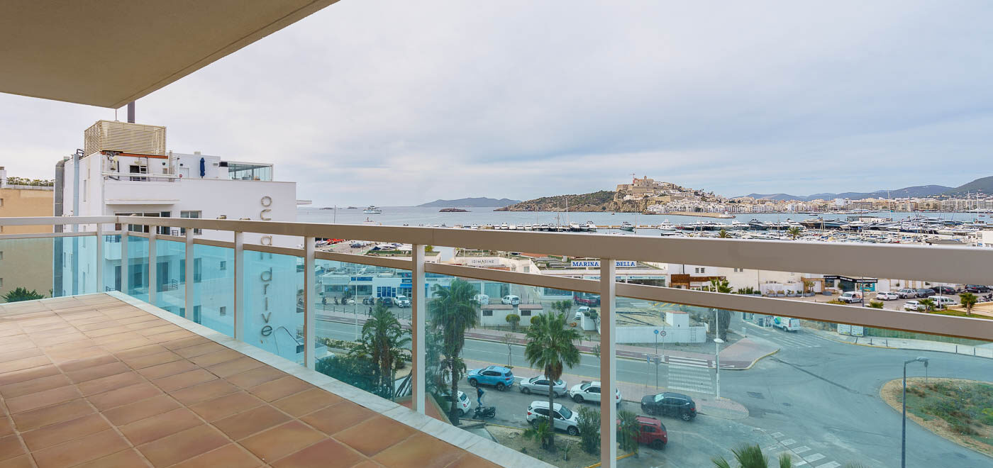 Terrace at Penthouse for sale in Botafoch with panoramic views over the marina Ibiza and Dalt Villa